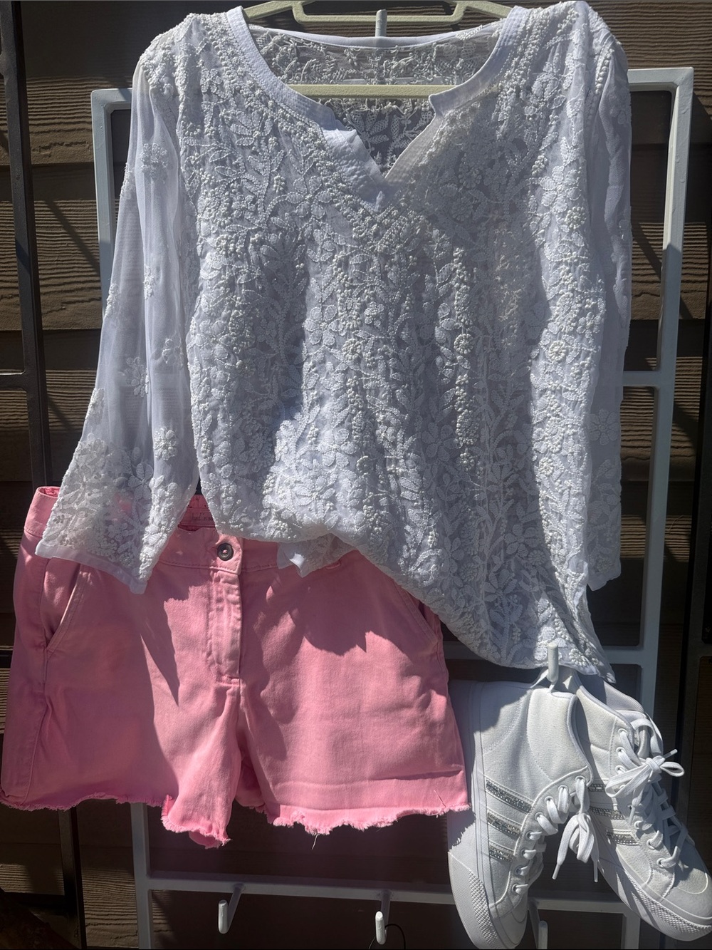 White Elegant Sheer New Embroidered V-Neck Blouse - Women M